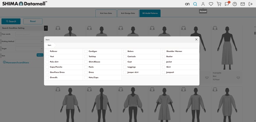 SHIMA Datamall 3D Model Patterns search screen